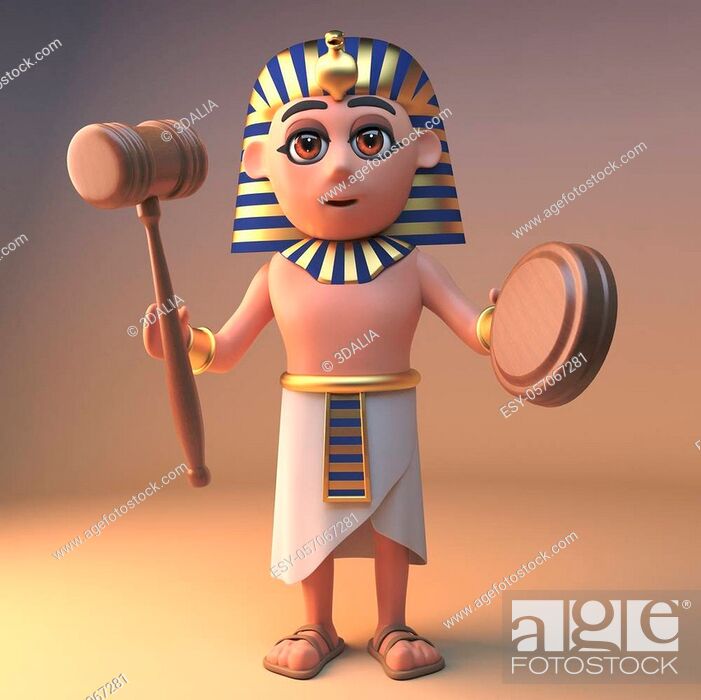 Stock Photo: Wise ancient Egyptian pharaoh Tutankhamun holding an auction gavel hammer, 3d illustration render.