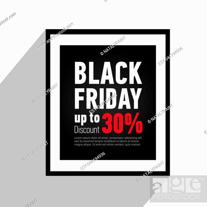 Stock Vector: Black Friday sale poster on wall with shadow. Discount up to 30. Black banner in flat style. Shopping online. Advertising banner for shop, web.