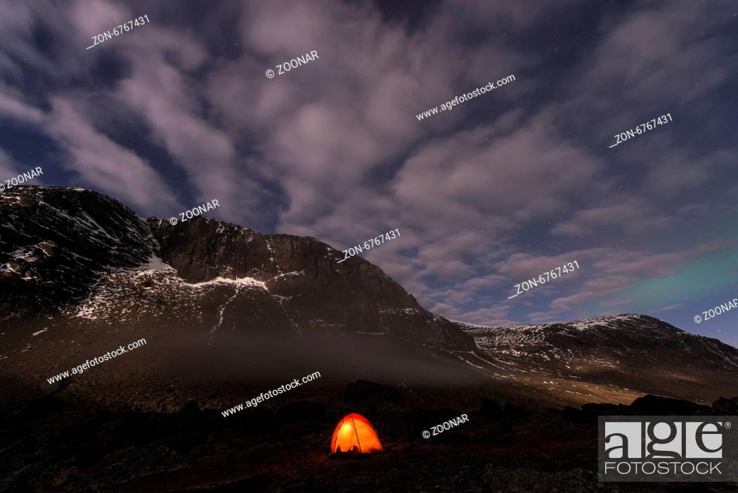 Stock Photo: tent in moonlit landsacpe, Lapland, Sweden.