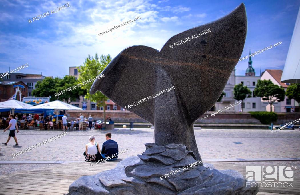 Stock Photo: 30 June 2021, Mecklenburg-Western Pomerania, Stralsund: A whale's tail fin sculpted from granite by artist Mile Prerad stands in front of the Ozeaneum.