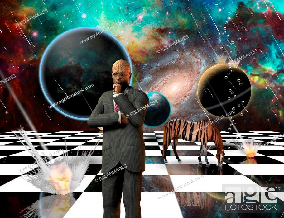 Stock Photo: Massive meteorite - asteroid shower destroy planets. Striped horse and thinking businessman on chessboard. 3D rendering.