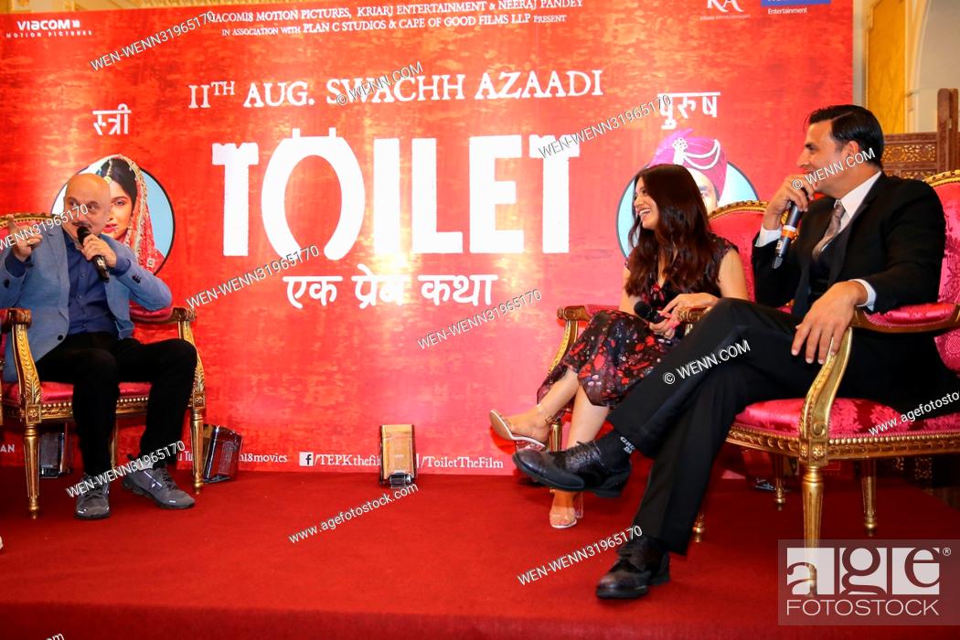 Stock Photo: Photocall with Bollywood’s most popular star Akshay Kumar, national award winning actress Bhumi Pednekar and Bend it Like Bechkam star Anupam Kher for 'Toilet:.