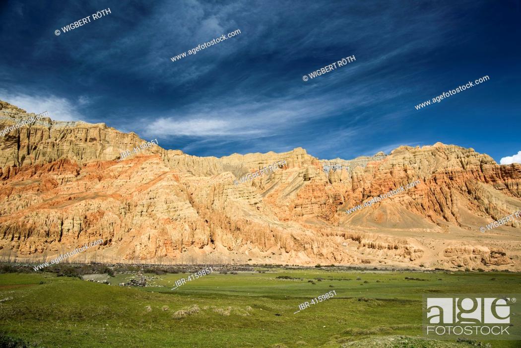 Stock Photo: Red rock formations, Red Cliffs, erosion landscape, Dhakmar, former Kingdom of Mustang, Nepal.