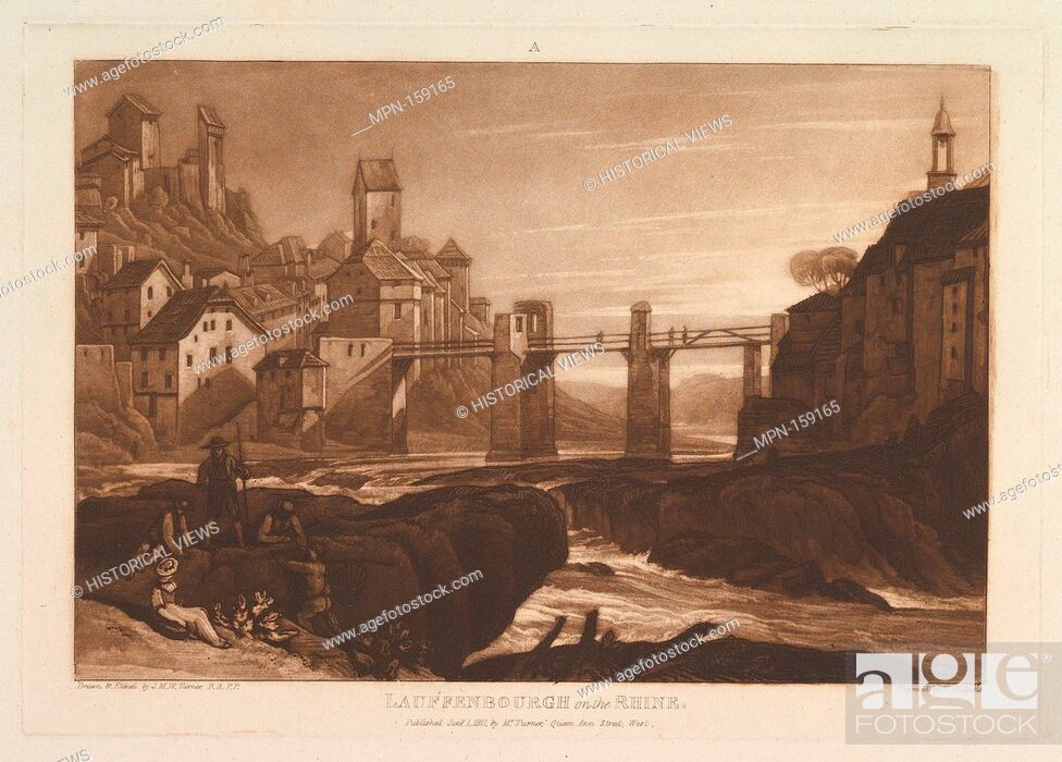 Stock Photo: Lauffenbourgh on the Rhine (Liber Studiorum, part VI, plate 31). Artist: Designed and etched by Joseph Mallord William Turner (British.