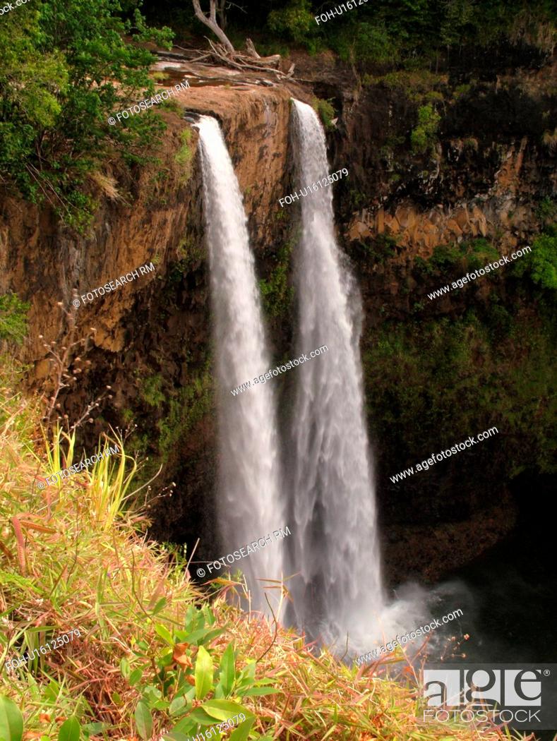Stock Photo: Wailua, Kauai, HI, Hawaii, East Shore, Kapia, Lihue, Wailua Falls, twin waterfalls.