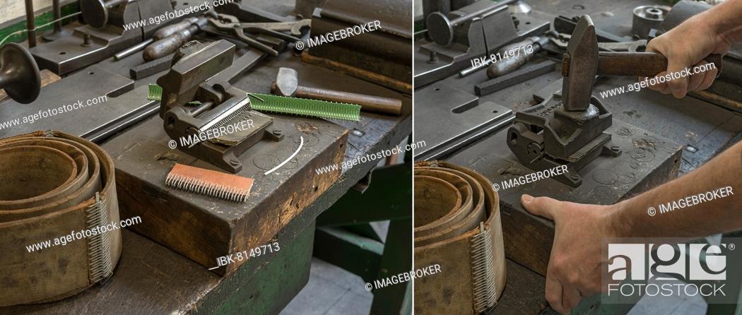 Stock Photo: Production of a belt connection for the transmission belts, former valve factory, today industrial museum, Lauf an der Pegnitz, Middle Franconia, Bavaria.