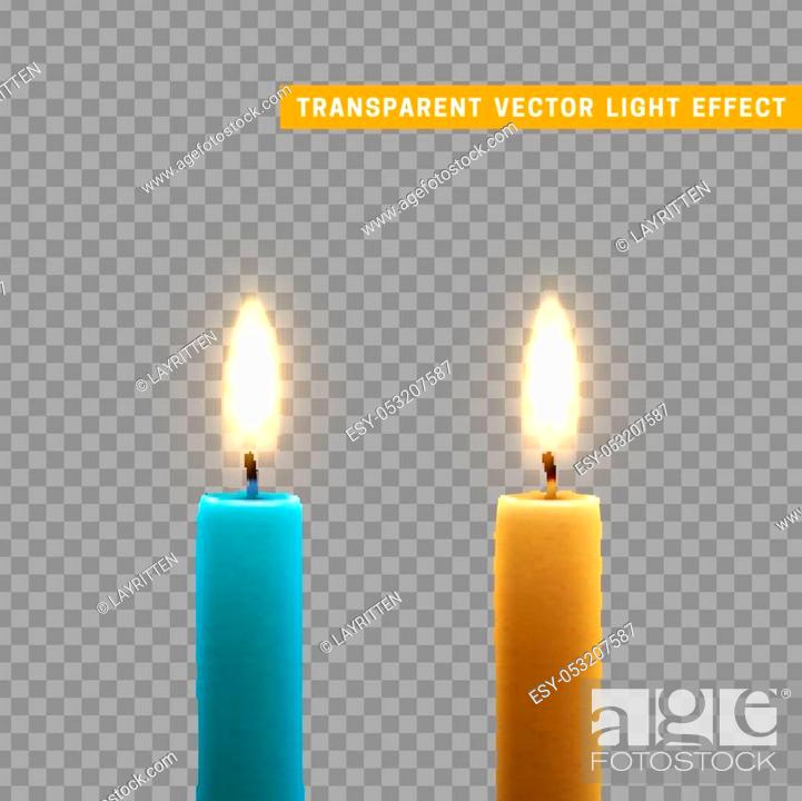 Stock Vector: Candles burn with fire realistic. Set isolated on transparent background. Element for design decor, vector illustration.