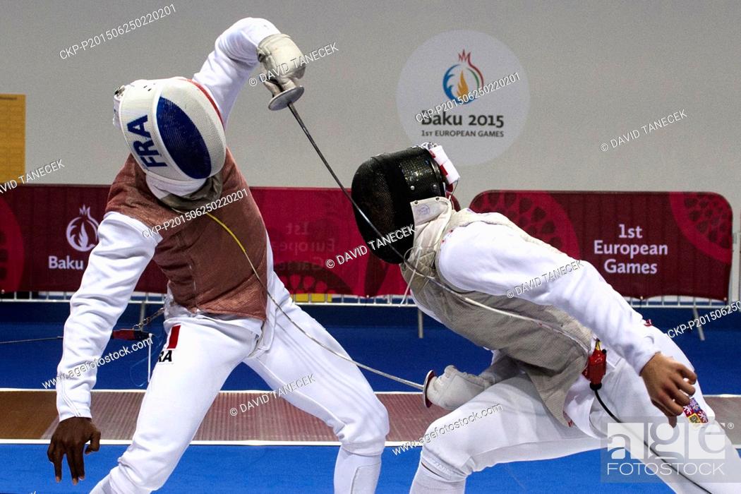 Stock Photo: From left Jean-Paul Tony Helissey of France and Alexander Choupenitch of Czech Republic fight in Men's Individual Foil Fencing at the Baku 2015 1st European.