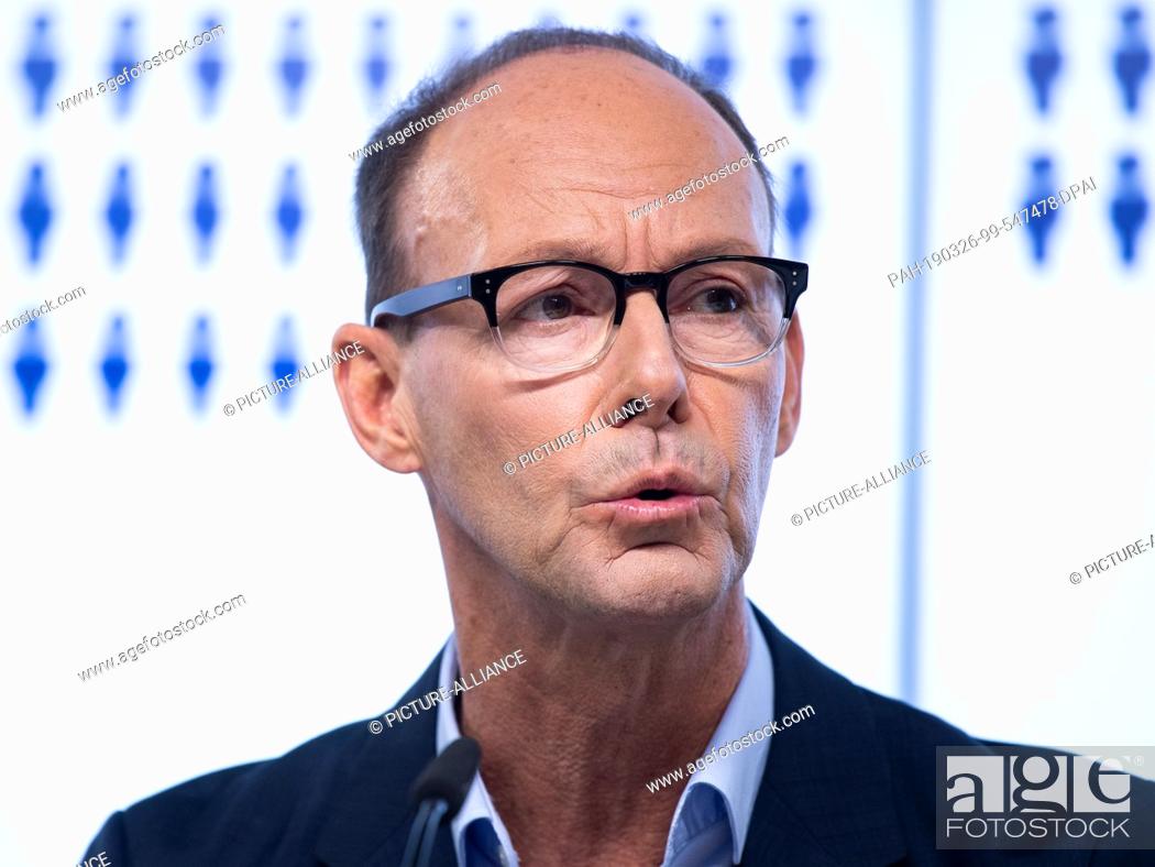 Stock Photo: 26 March 2019, Berlin: Thomas Rabe, Chairman of the Bertelsmann SE & Co. Executive Board, made a statement at the Bertelsmann SE & Co. KGaA.