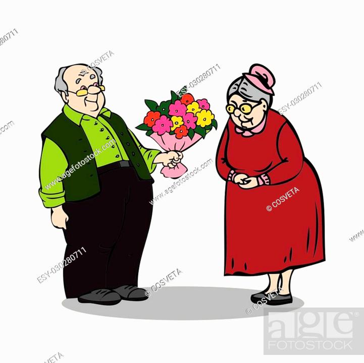 Happy elderly couple. Old man with a bouquet of flowers, Stock Vector,  Vector And Low Budget Royalty Free Image. Pic. ESY-030280711 | agefotostock