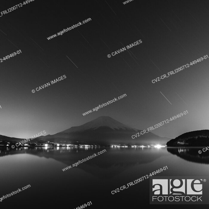 Stock Photo: Night shot of Mount Fuji from lake Yamanaka, Yamanashi Prefecture, Japan.