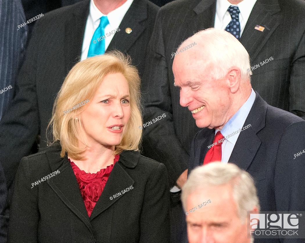 Stock Photo: United States Senators Kirsten Gillibrand (Democrat of New York, L) and John McCain (Republican of Arizona, R) share some thoughts prior to the arrival of U.
