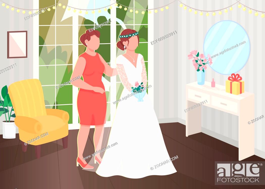 Stock Photo: Bride preparation with bridesmaid flat color vector illustration. Fitting before matrimony. Woman in dress with gown prepare for marrying.