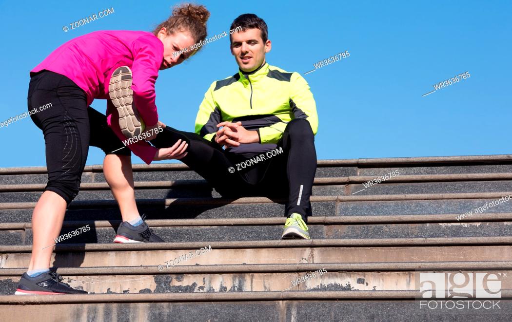 Stock Photo: runner knee injury and pain on mornign jogging.