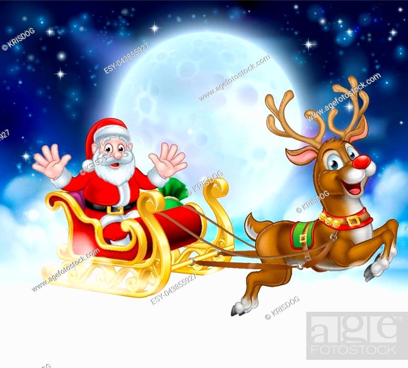Christmas scene of Santa Claus cartoon character in his sled sleigh with  his red nosed reindeer..., Stock Vector, Vector And Low Budget Royalty Free  Image. Pic. ESY-043855927 | agefotostock