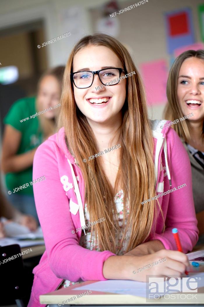 Stock Photo: Portrait of teenage girl at school, Stockholm, Sweden.