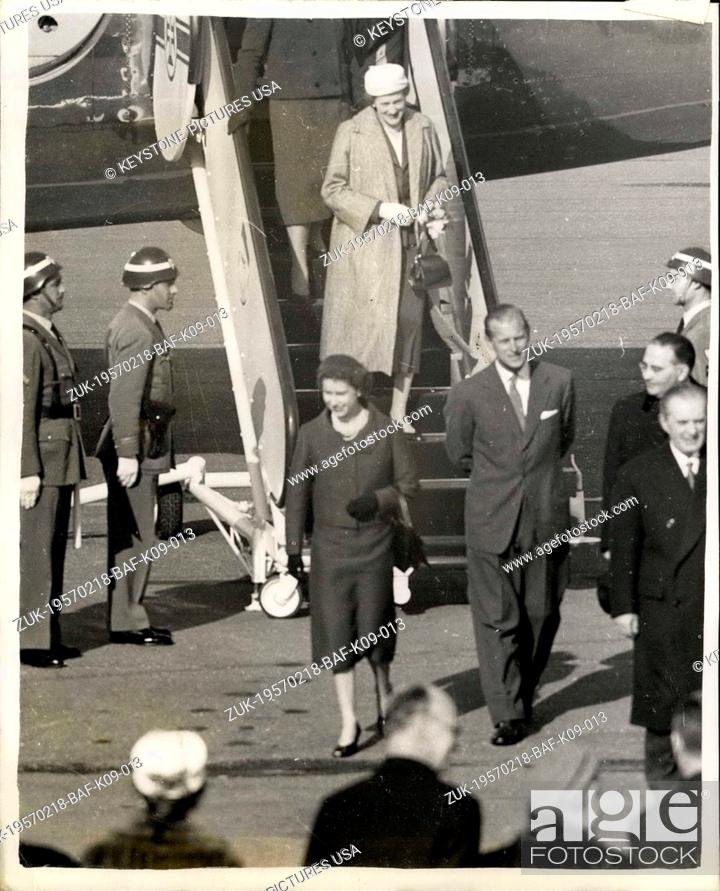 Stock Photo: Feb. 18, 1957 - Queen And Duke Reunited: H.M. The Queen and The Duke Of Edinburgh who have been parted for four months while the Duke has been on his.