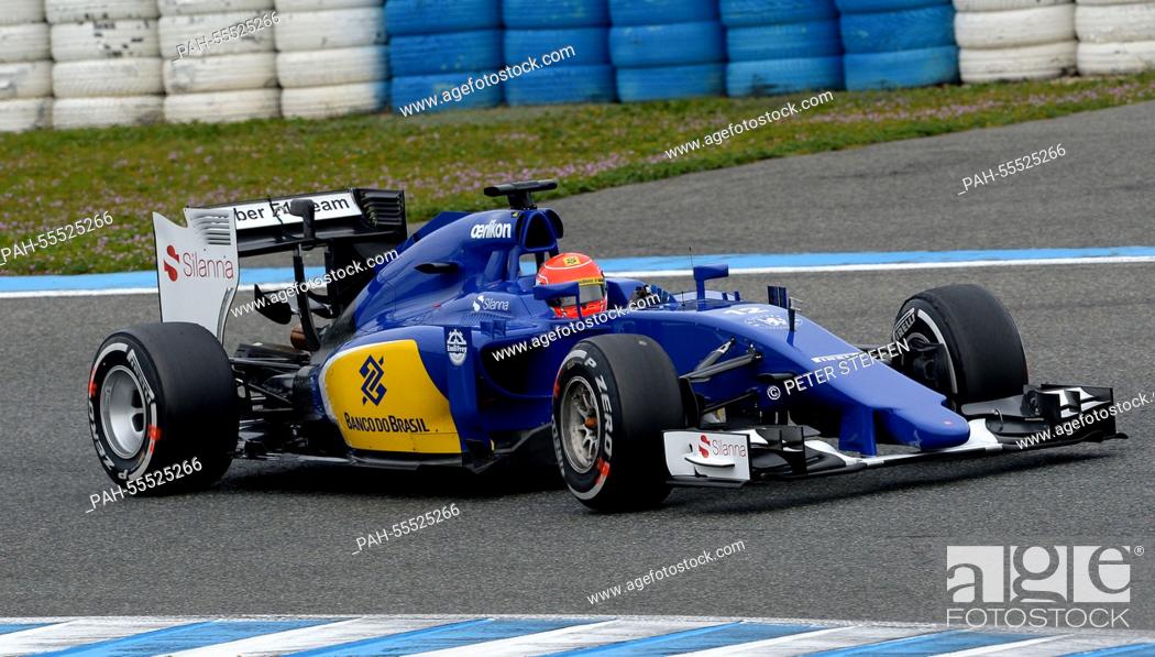 Stock Photo: Brazilian Formula One driver Felipe Nasr of Sauber F1 Team steers his new C34 during a training session for the upcoming Formula One season at the Jerez.