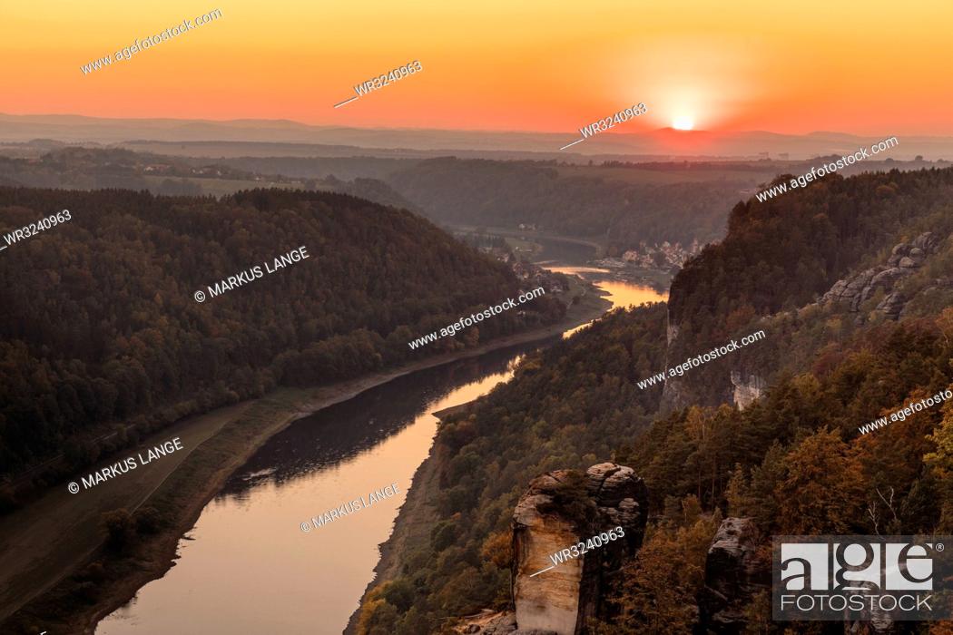 Stock Photo: Elbe river at sunset in Elbe Sandstone Mountains, Germany, Europe.