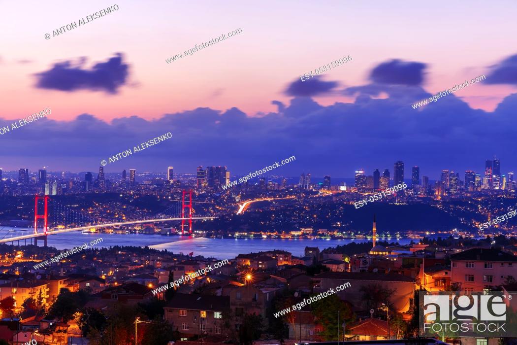 Stock Photo: Night Bosphorus Bridge, view on Sisli and Besiktas districts of Istanbul, Turkey.