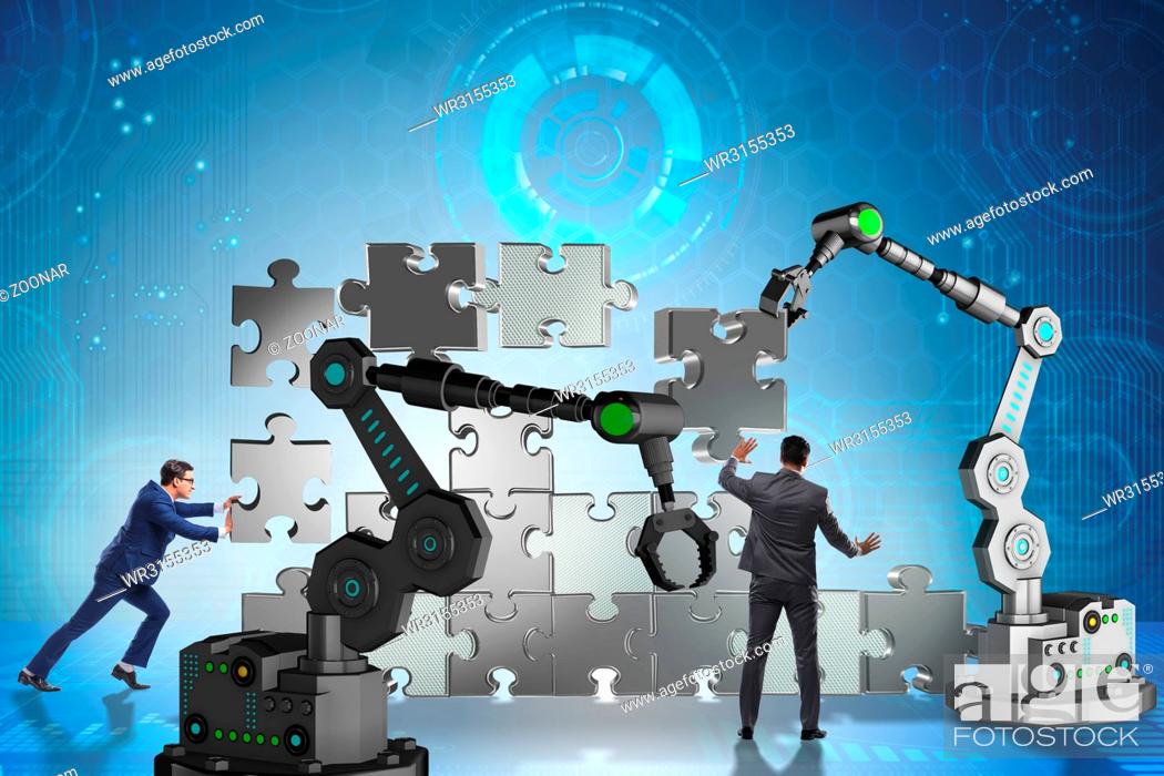 Stock Photo: Businessman doing jigsaw puzzle with robotic arm.