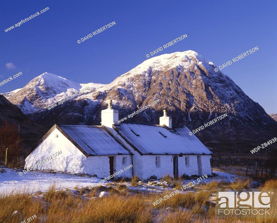 Stock Photo: Blackrock Cottage, Lochaber, Highland, Scotland. Buachaille Etive Mor in the background. This mountain stands at the edge of Rannoch Moor and at the heads of.