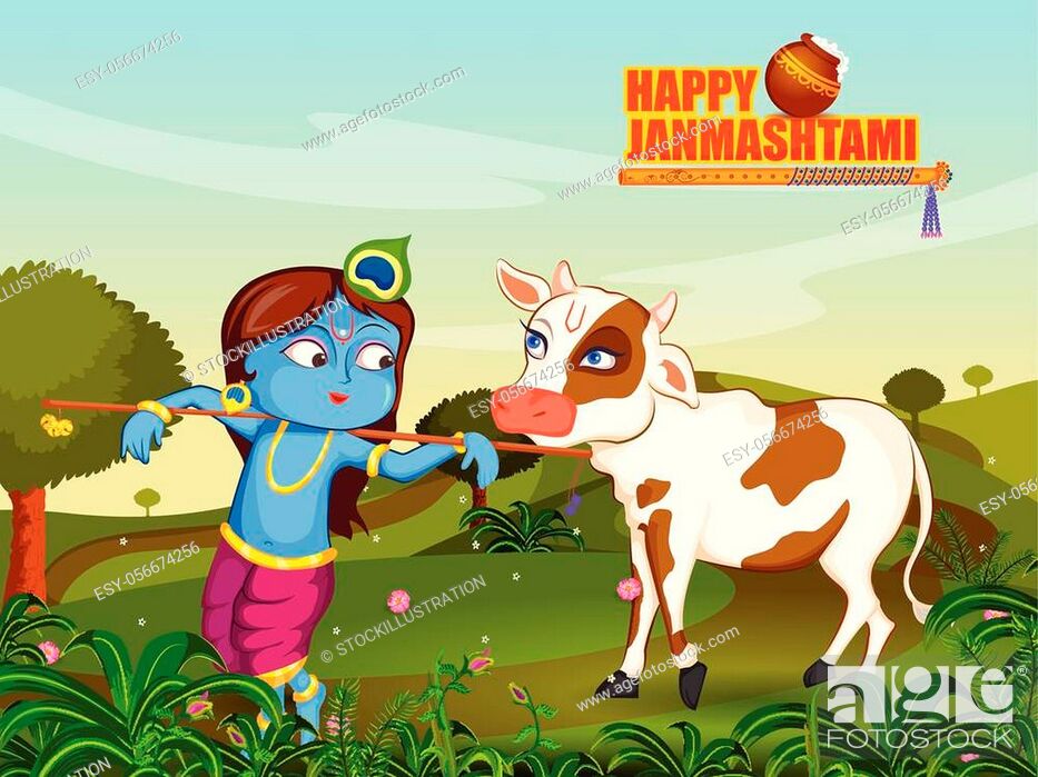 Kanha with Cow on Krishna Janmashtami background in vector, Stock Vector,  Vector And Low Budget Royalty Free Image. Pic. ESY-056674256 | agefotostock