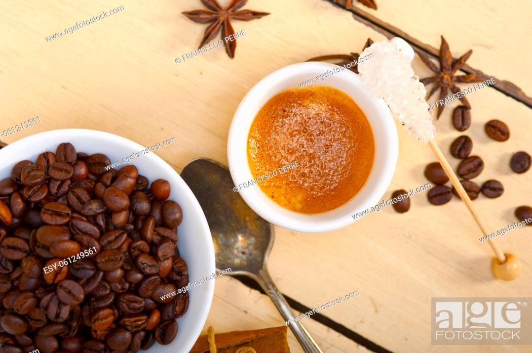Stock Photo: espresso coffee over white wood rustic table with sugar and spice.