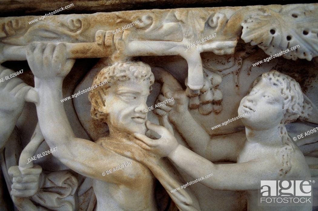 Stock Photo: Marble sarcophagus with bas-relief depicting a Dionysian scene, detail. Roman civilisation, 3rd century AD.  Rome, Museo Nazionale Romano (National Roman Museum.