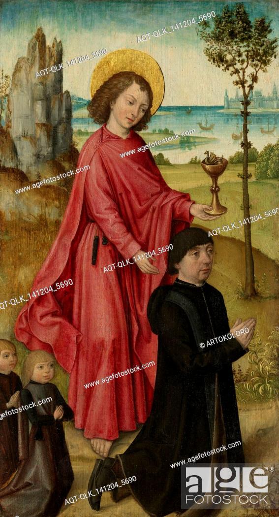 Stock Photo: A Donor and his two Sons with Saint John the Evangelist, inner left wing of a triptych, workshop of The (Bruges) Master of the Legend of Saint Ursula, c.