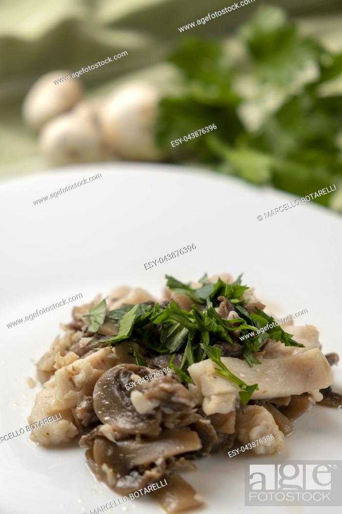 Stock Photo: fillet of perch with champignon mushrooms and parsley on white plate.