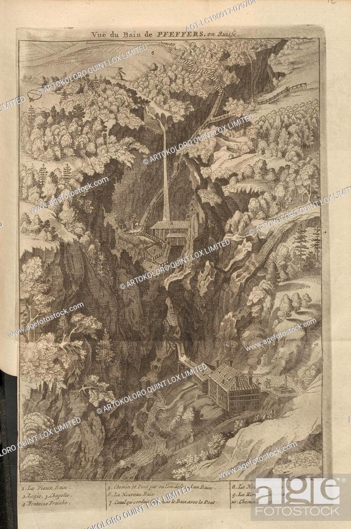 Stock Photo: Vue du Bain de Pfeffers, en Suisse, Bad Pfäfers, to p. 82, 1723, Johann Jakob Scheuchzer: Ouresiphoites Helveticus, sive.