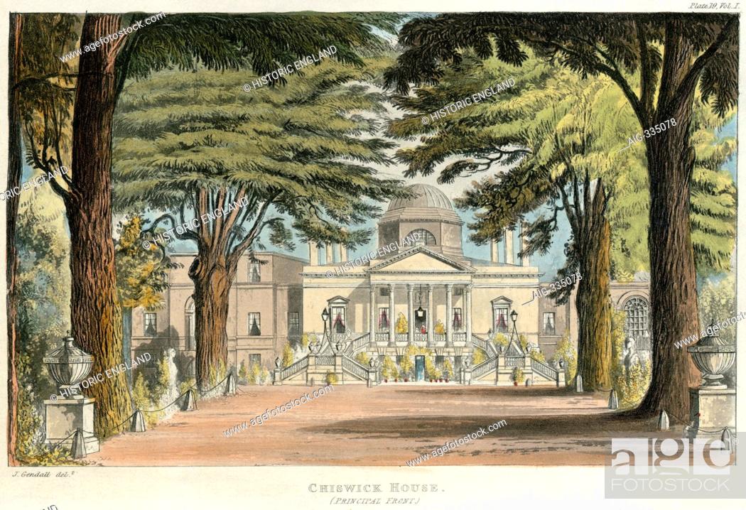 Stock Photo: CHISWICK HOUSE, Burlington Lane, Hounslow, London. Principal front. Aquatint colour engraving dated 1823. MAYSON BEETON COLLECTION.
