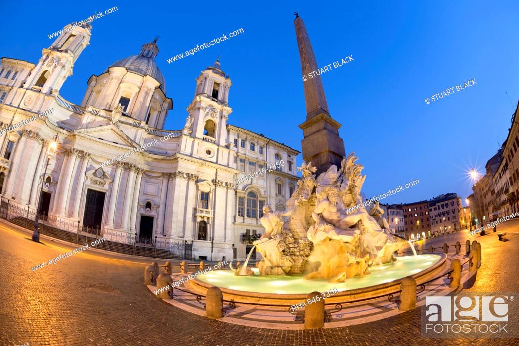 Stock Photo: Bernini's Fountain of the Four Rivers and church of Sant'Agnese in Agone at night, Piazza Navona, Rome, Lazio, Italy, Europe.