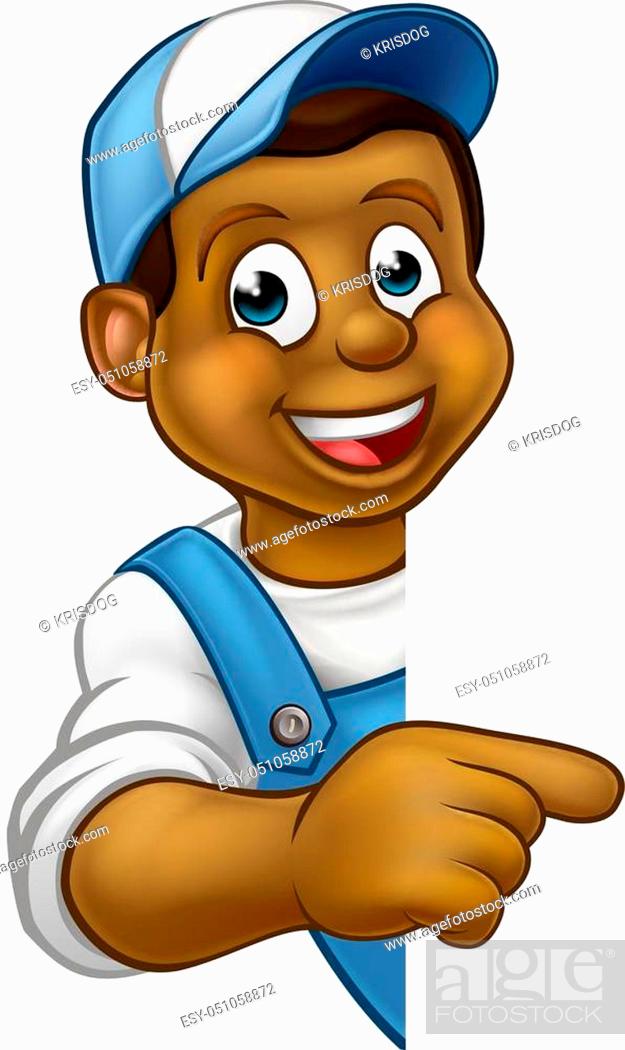 A black handyman, builder, mechanic, carpenter, electrician or plumber  cartoon character pointing, Stock Vector, Vector And Low Budget Royalty  Free Image. Pic. ESY-051058872 | agefotostock