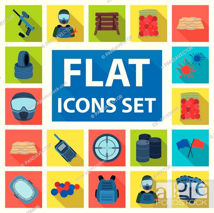 Stock Vector: Paintball, team game flat icons in set collection for design. Equipment and outfit vector symbol stock illustration.