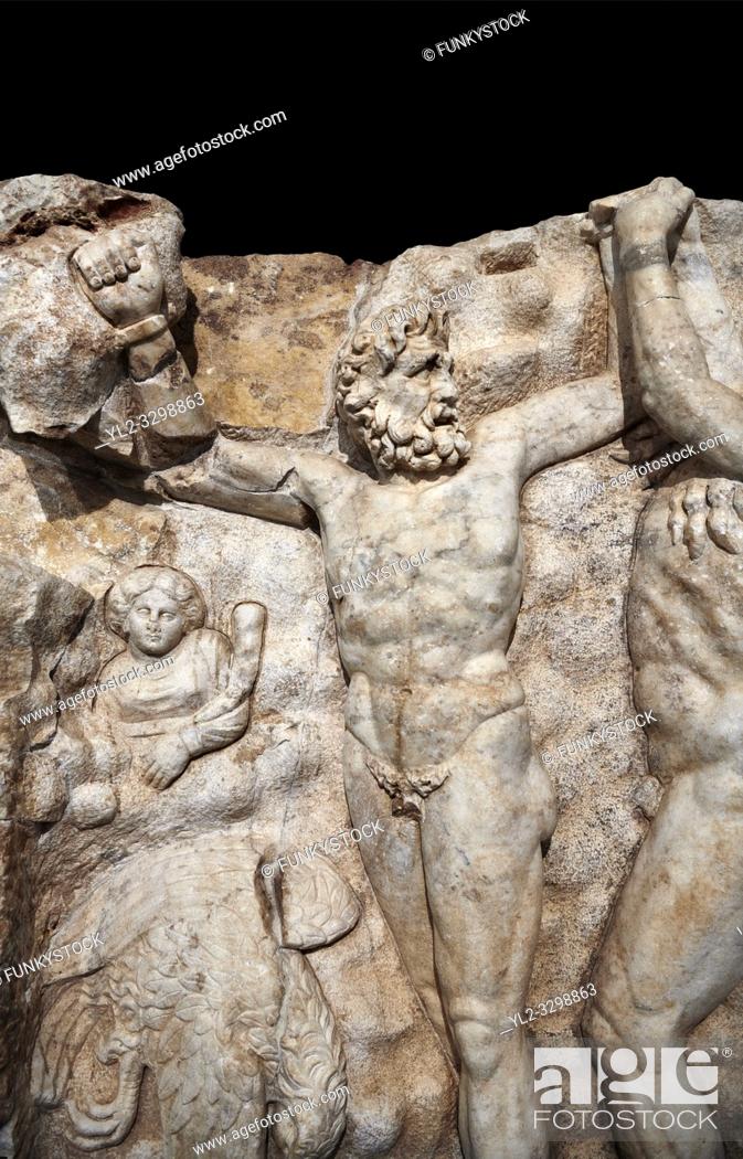 Stock Photo: Detail of a Roman Sebasteion relief sculpture of Zeus and Prometheus, Aphrodisias Museum, Aphrodisias, Turkey. Against a black background. .