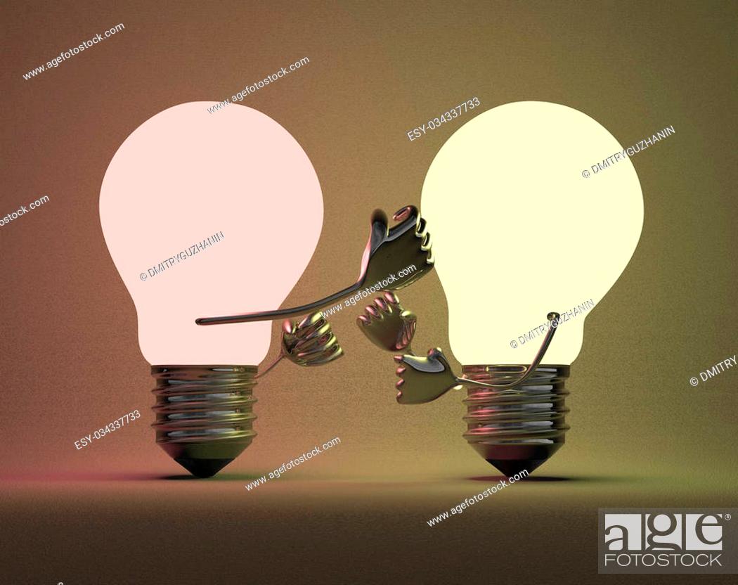 Stock Photo: Reddish glowing light bulb punching yellowish one with its fist on background which is illuminated by them.
