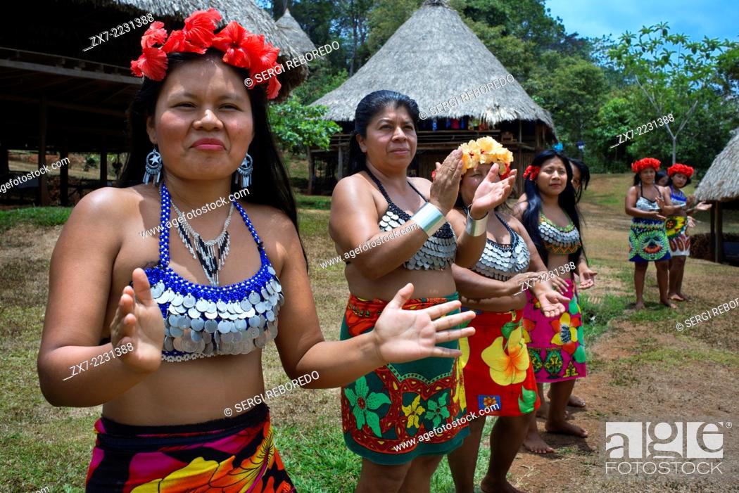 Stock Photo: Music and dancing in the village of the Native Indian Embera T...
