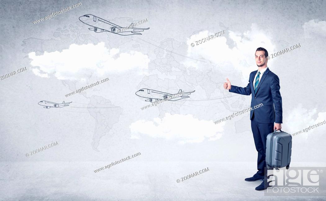 Photo de stock: Businessman hitchhiking with flying airplanes cloud and map concept.