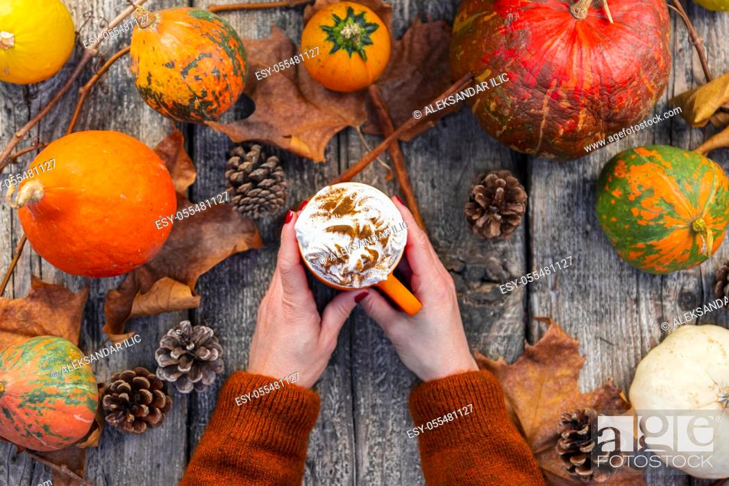 Stock Photo: Coffee latte with whipped cream and cinnamon on top held in womans hands on a wooden background of pumpkins, autumn leaves.