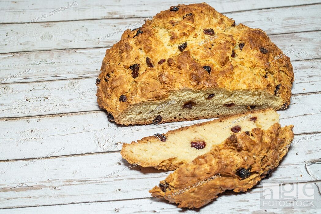Stock Photo: Soda bread is a variety of quick bread traditionally made in a variety of cuisines in which sodium bicarbonate (otherwise known as ""baking soda"".