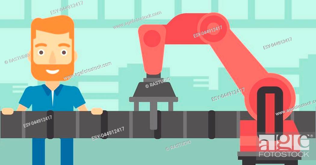 Stock Vector: Caucasian refinery worker repairing pipeline with a robotic arm. Youn hipster mechanic and robotic arm installing oil pipeline at refinery plant.
