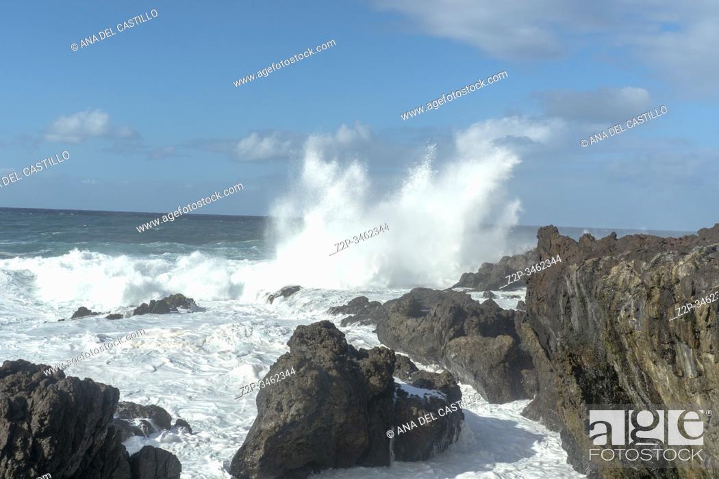 Stock Photo: Foam waves on the rocky coast of Buenavista North of Tenerife island Spain.