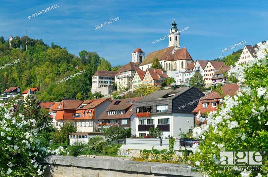 Stock Photo: Germany, Baden-Wurttemberg, 'Horb at the Neckar', town view with villainous tower and collegiate church, on the left-hand side Schütteturm.