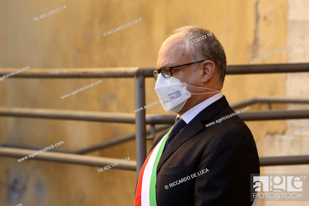 Stock Photo: Mayor of Rome Roberto Gualtieri attends at the Burial Chamber of the late EU Parliament President David Sassoli in Campidoglio , Rome, ITALY-13-01-2022.