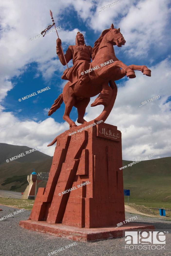 Stock Photo: Equestrian statue, between Sary Chelek and Bishkek, Kyrgyzstan, Central Asia.