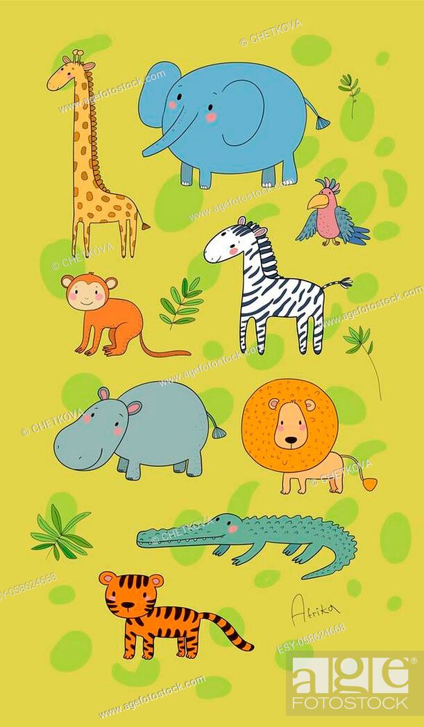 African animals. Cute cartoon lion and tiger, elephant and zebra, monkey  and parrot, Stock Vector, Vector And Low Budget Royalty Free Image. Pic.  ESY-058624668 | agefotostock