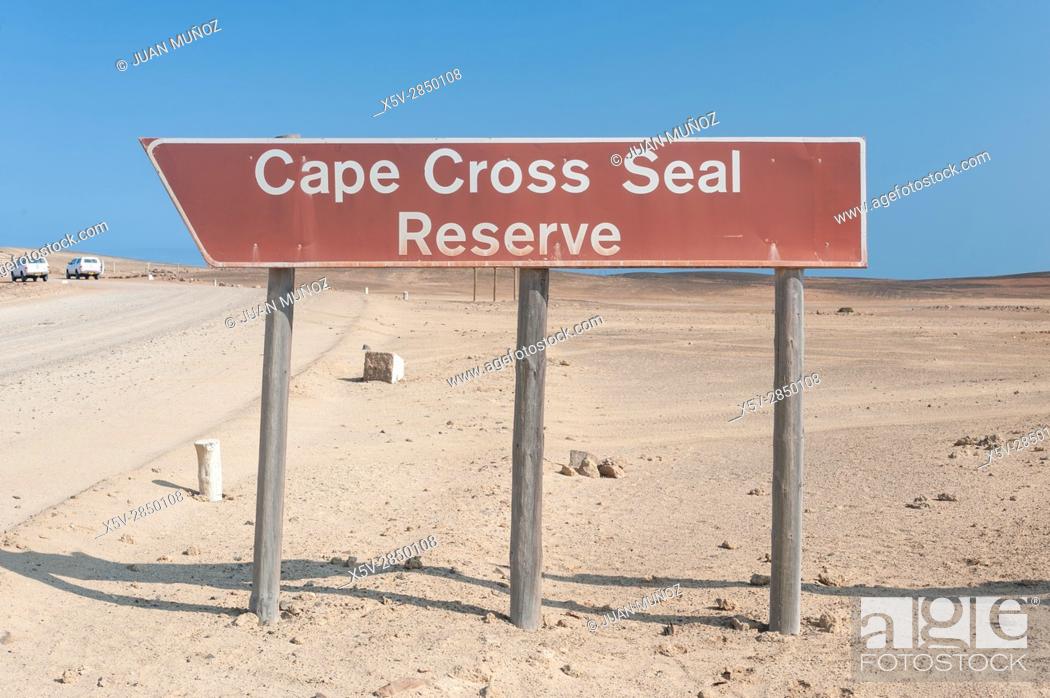 Stock Photo: Signpost of Cape Cross Seal Reserve.Skeleton Coast National Park. Namibia. Africa.