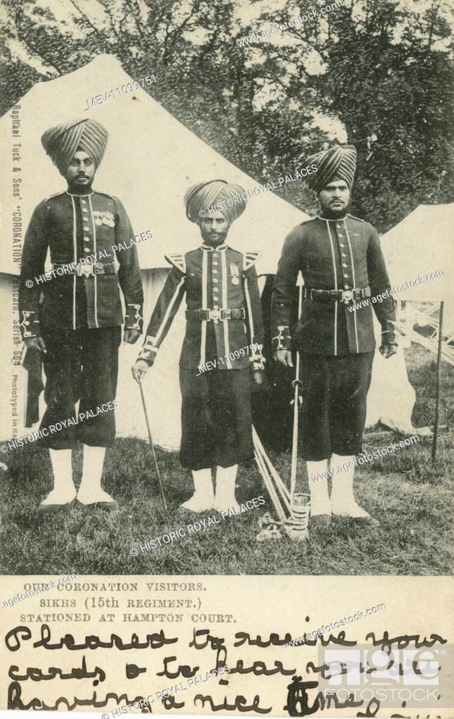 Stock Photo: A postcard depicting Sikhs from the 15th Regiment at Hampton Court for the coronation of King Edward VII. This photograph was taken in Home Park.